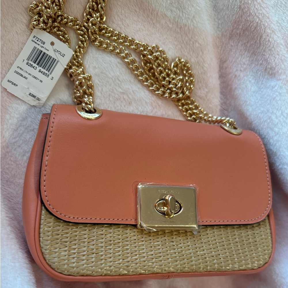 Coach Coral Pink Straw Crossbody Bag with Gold Chain